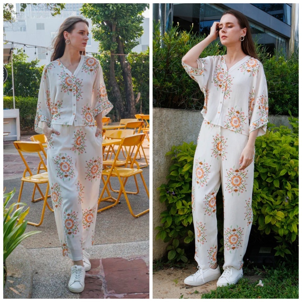 Zink London White Floral Printed Kimono Top & Printed Parallel Trouser Set Sz L